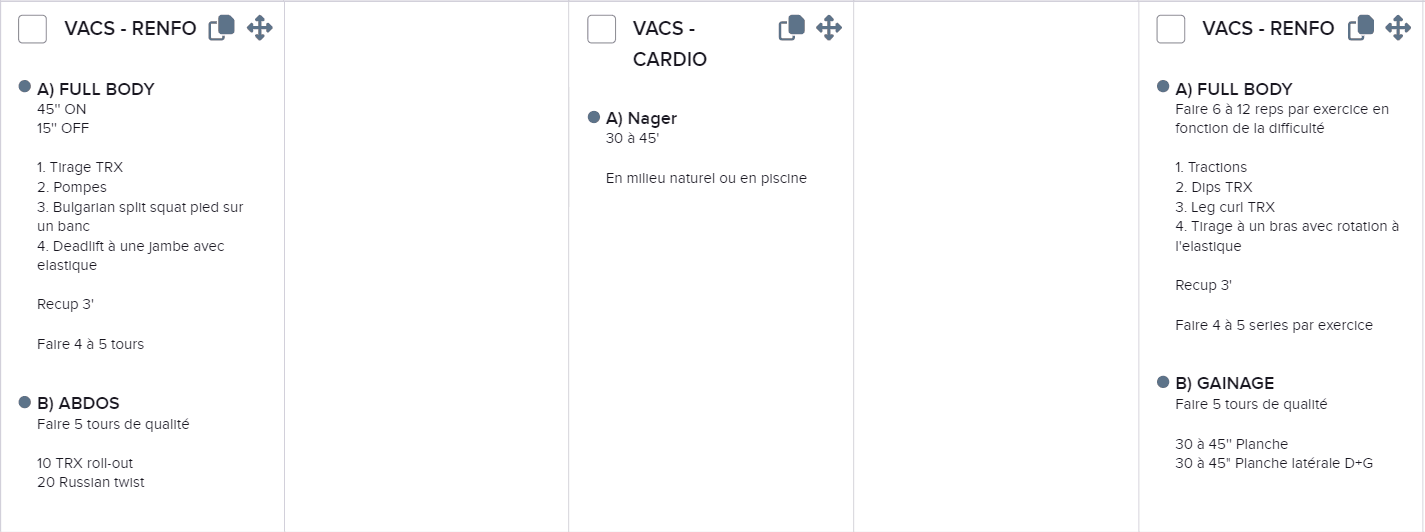 Exemple de programme 3 entraînements par semaine en vacances